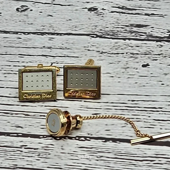Clearance: Christian Dior Gold and Silver Tone Tie Pin and Cufflinks set - Picture 1 of 4